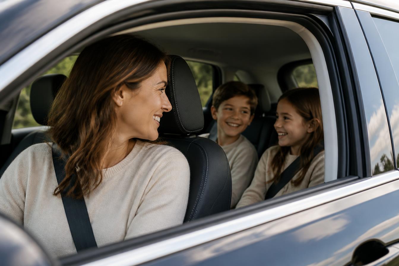 A family preparing for a journey with two children safely seated in the back