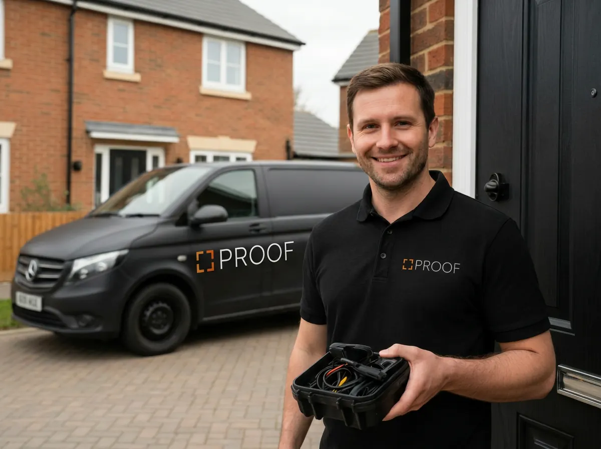 A certified Proof installer arriving at a customer's front door with a dash cam and toolkit