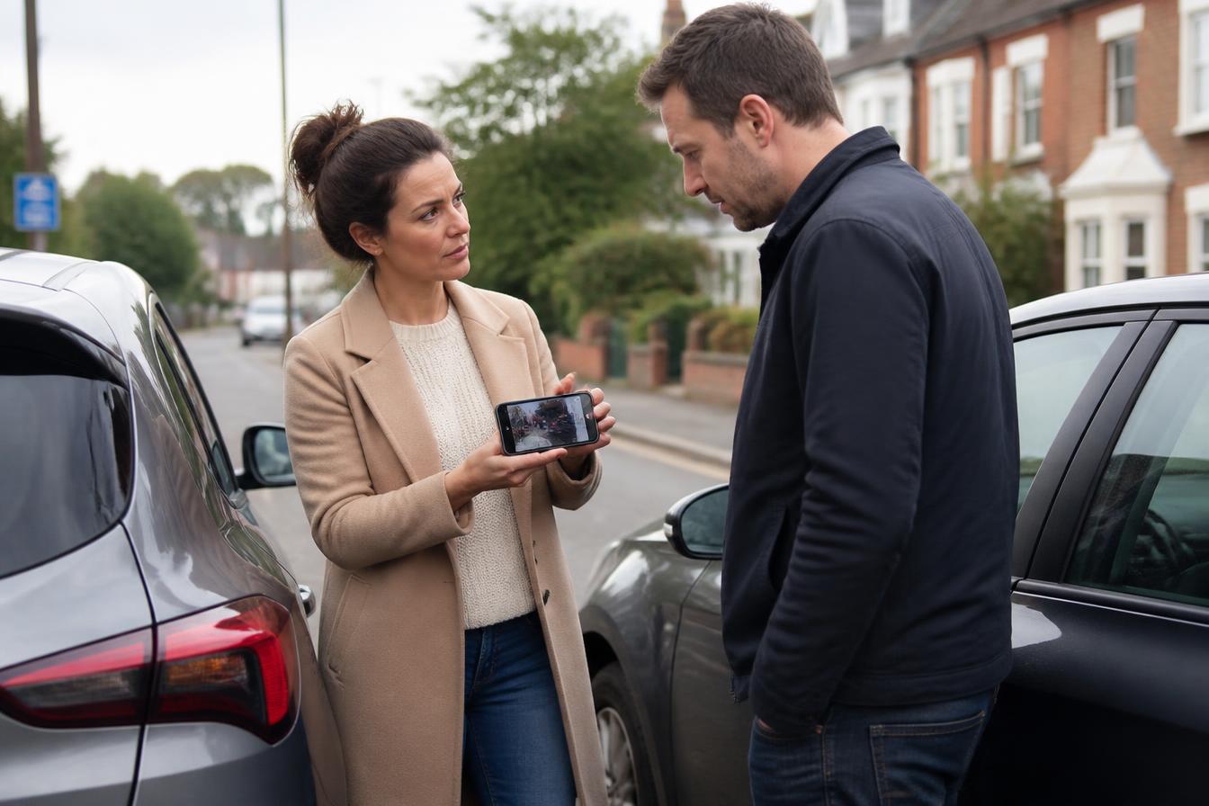Two drivers speaking beside their cars after a roadside incident